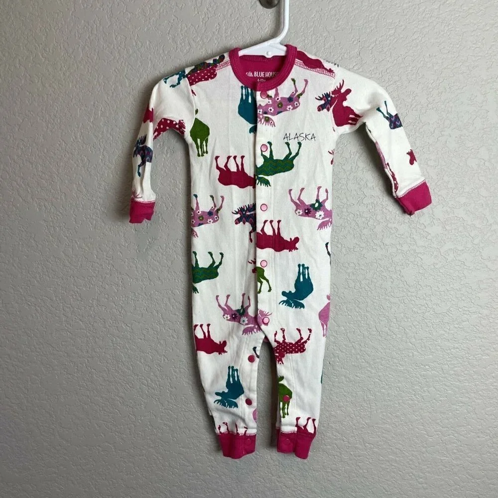Hatley Little Blue House MOOSE Pajamas 6-12 Months Baby Girl Pink Pjs Alaska